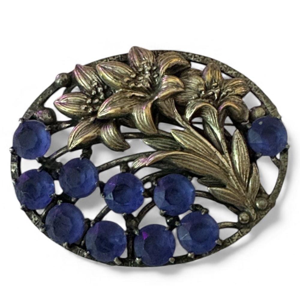Vintage Floral Brooch with Blue glass Gems